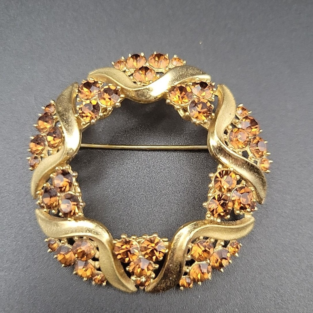 Vtg Crown Trifari Brooch‎ Wreath  Amber Topaz Rhinestone Gold Tone 1950s-1960s